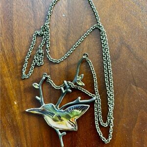 Artisan Brass Hummingbird Branch Necklace with Green and Yellow Accent